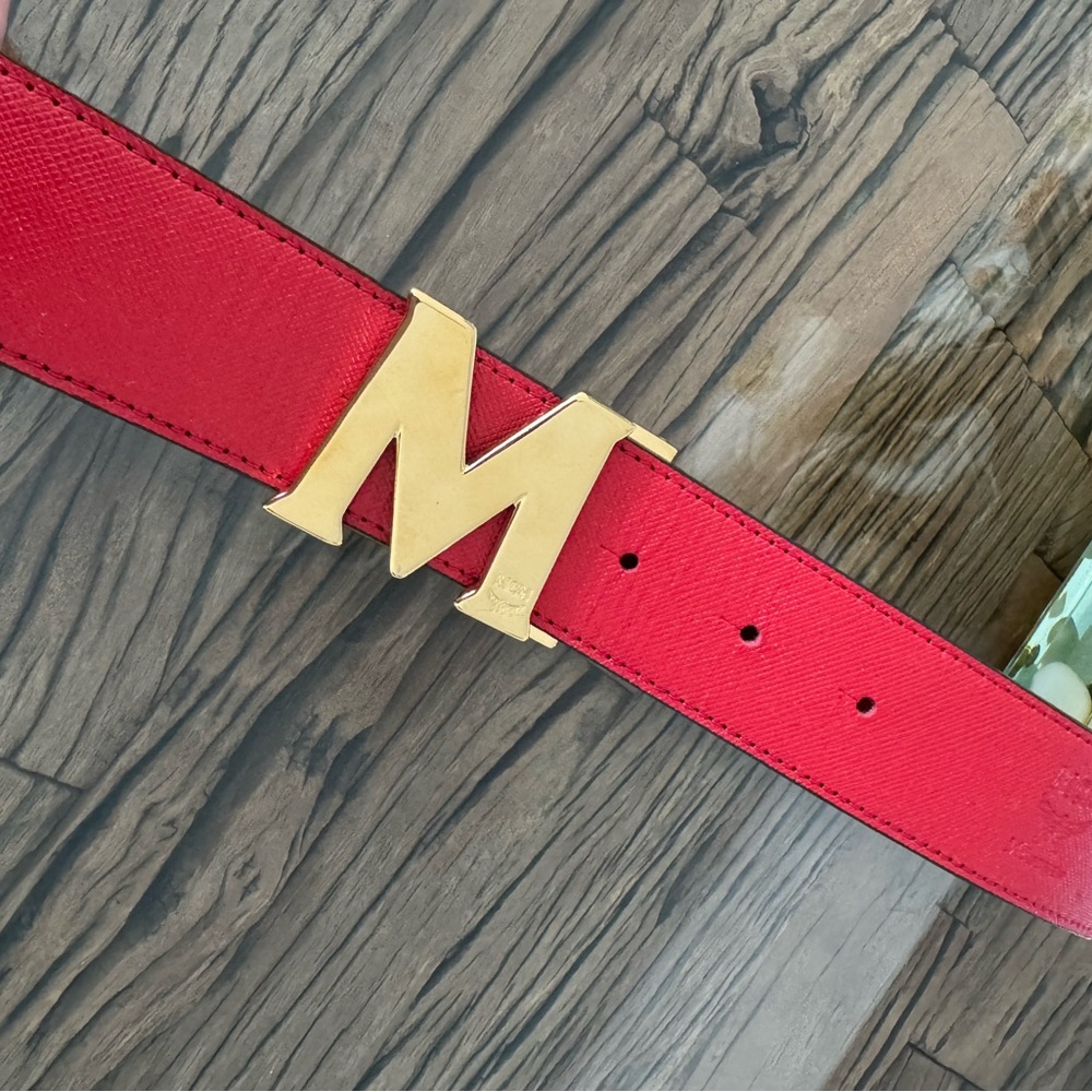 MCM Gold Claus Buckle Reversible Belt Red and Cognac